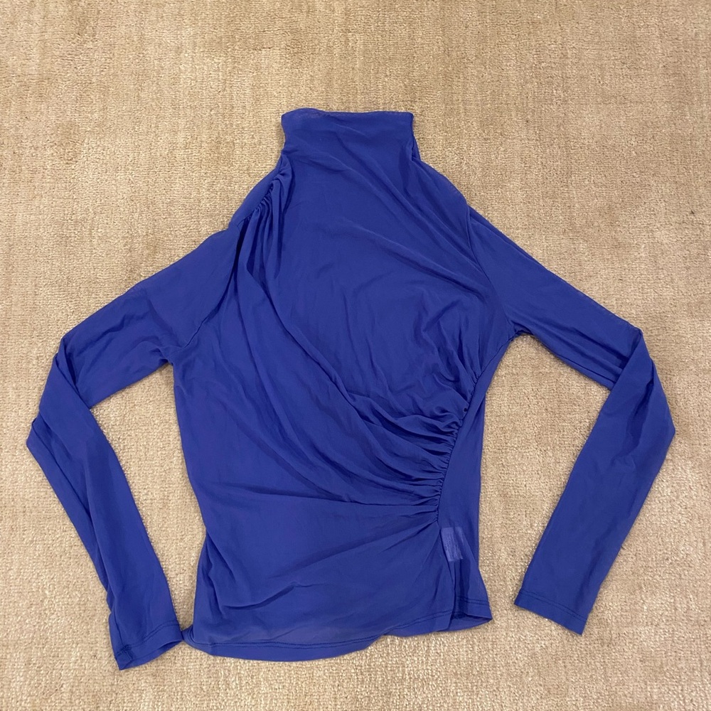 Shein Royal Blue Ruched Turtleneck Long Sleeve Top - Size S
